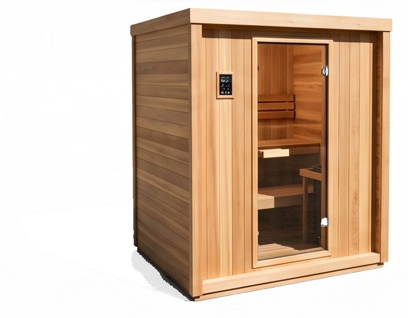 A cedar outdoor cabin sauna