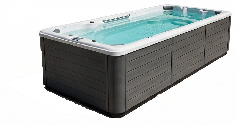 A swim spa with a gray cabinet